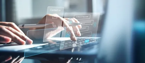 Hands using a laptop with a floating digital contact interface, representing unlimited fixed-fee IT support Website Snap